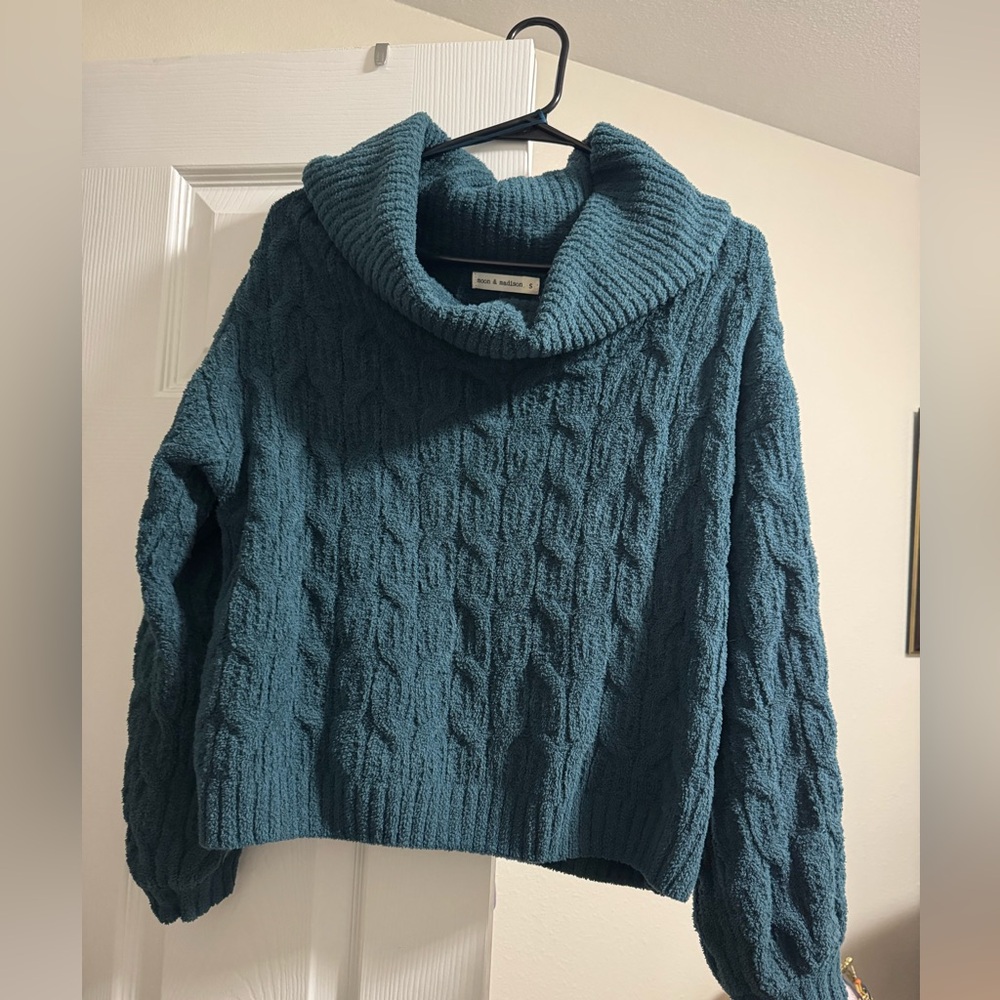 Moon & Madison Teal Cable Knit Cowl Neck Sweater